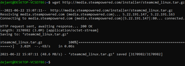 Downloading SteamCMD with wget.