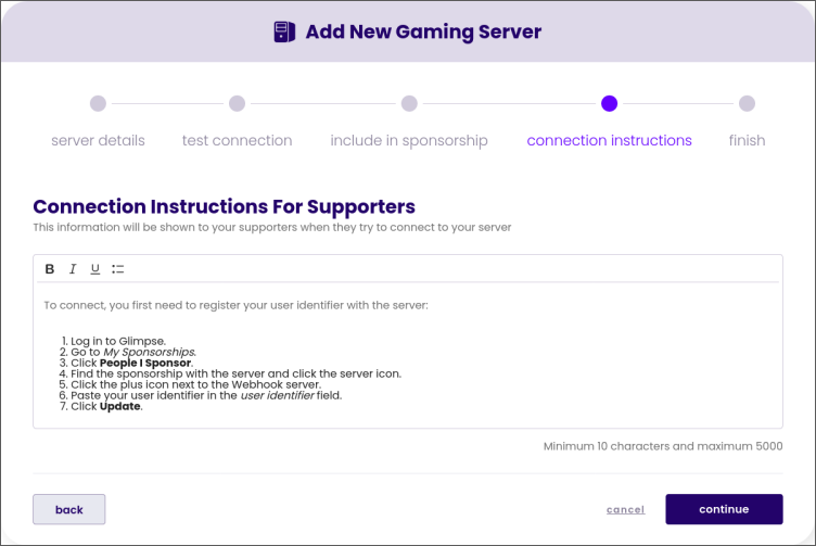 glimpse server connection instructions