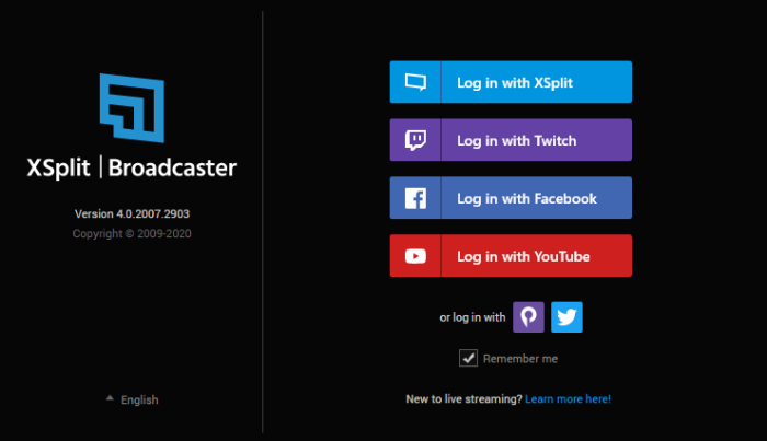 XSPlit Brodacaster Login Screen