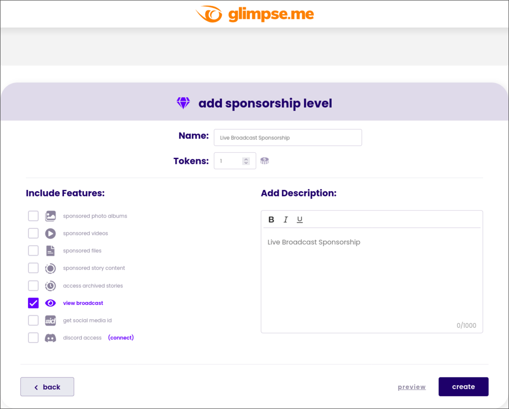 glimpse add sponsorship level