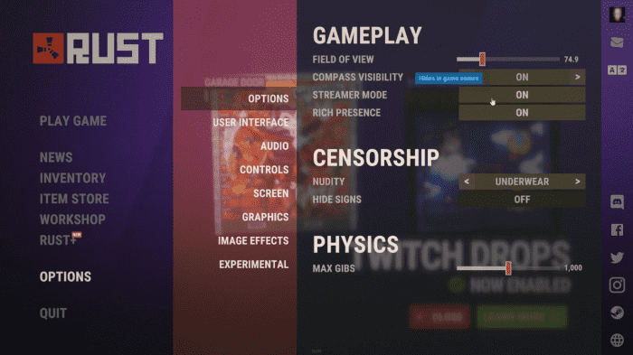 rust enable streamer mode options menu