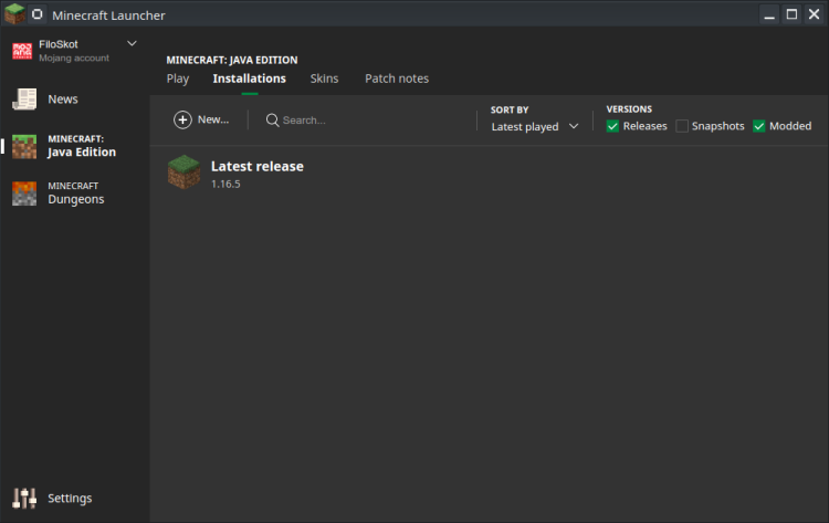 Minecraft Installations tab.