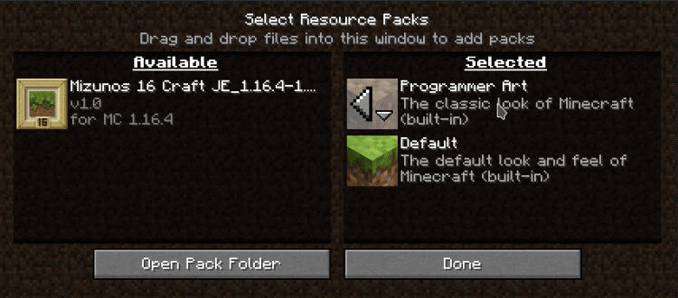 Active texture packs in Minecraft.