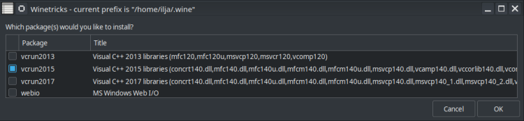 vcrun2015 dll in winetricks.